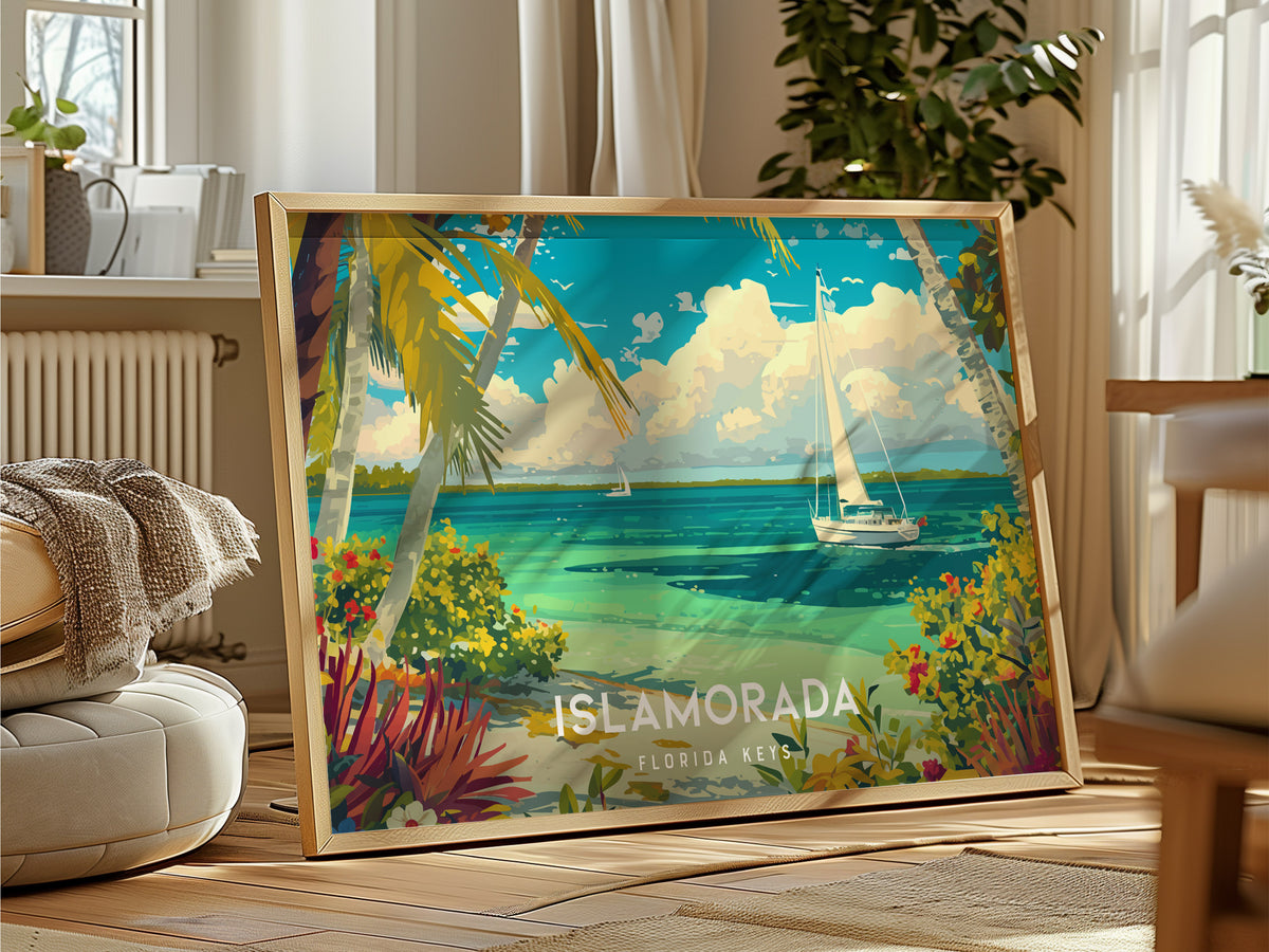 Islamorada, Florida Keys Poster | Landscape Coastal Decor Tiki & Palms Wall Art — framed and ready to hang