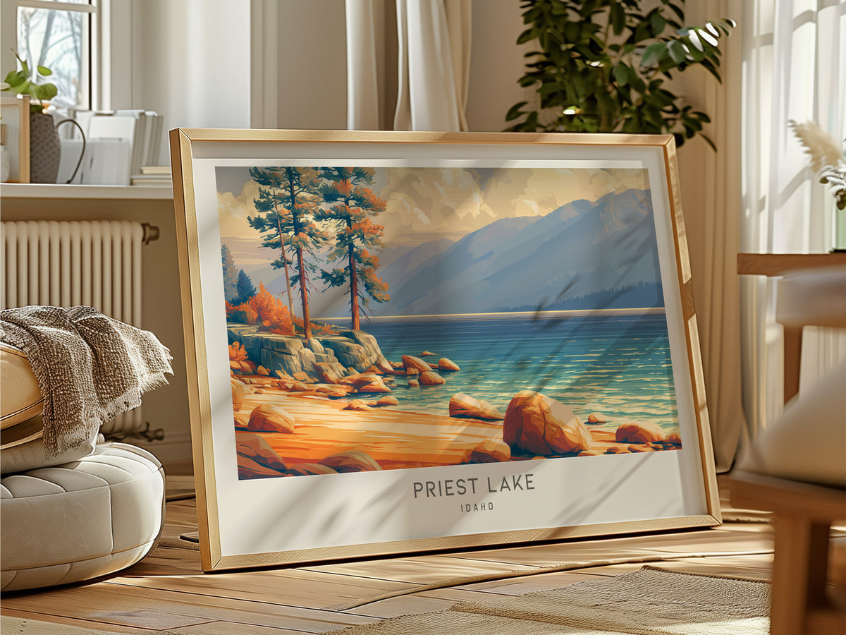 Priest Lake Landscape Matte Border Poster | Idaho Travel Gift Beach House Decor — framed and ready to hang