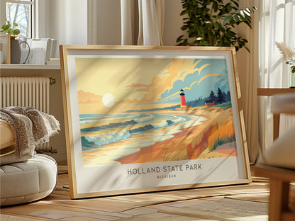 Holland State Park Landscape Matte Border Poster | Michigan Beach House Decor Vacation Wall Art — framed and ready to hang