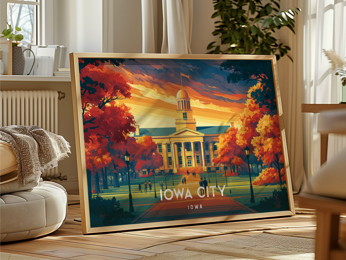 Iowa City, Iowa Landscape Poster | Midwest College Town Vacation Wall Art — framed and ready to hang
