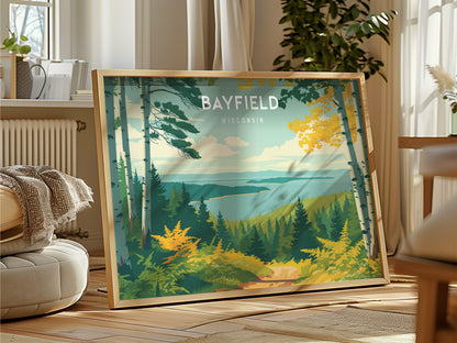 Bayfield, Wisconsin Landscape Poster | Coastal Beach Decor & Harbor Wall Art — framed and ready to hang