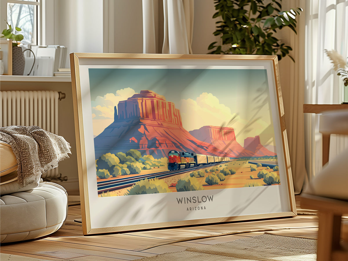 Winslow Landscape Matte Border Poster | Arizona Route 66 Vacation Wall Art — framed and ready to hang