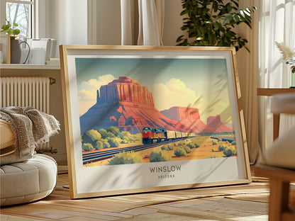 Winslow Landscape Matte Border Poster | Arizona Route 66 Vacation Wall Art — framed and ready to hang