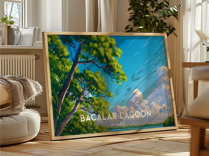 Bacalar Lagoon Landscape Poster | Mexico Vacation Wall Art Destination Print — framed and ready to hang