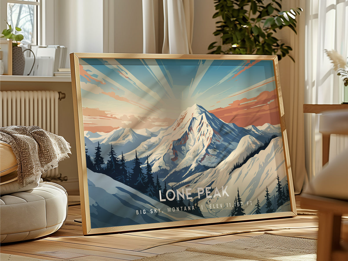 Lone Peak, Big Sky, Montana Landscape Poster | Mountain Destination Print Wall Art — framed and ready to hang