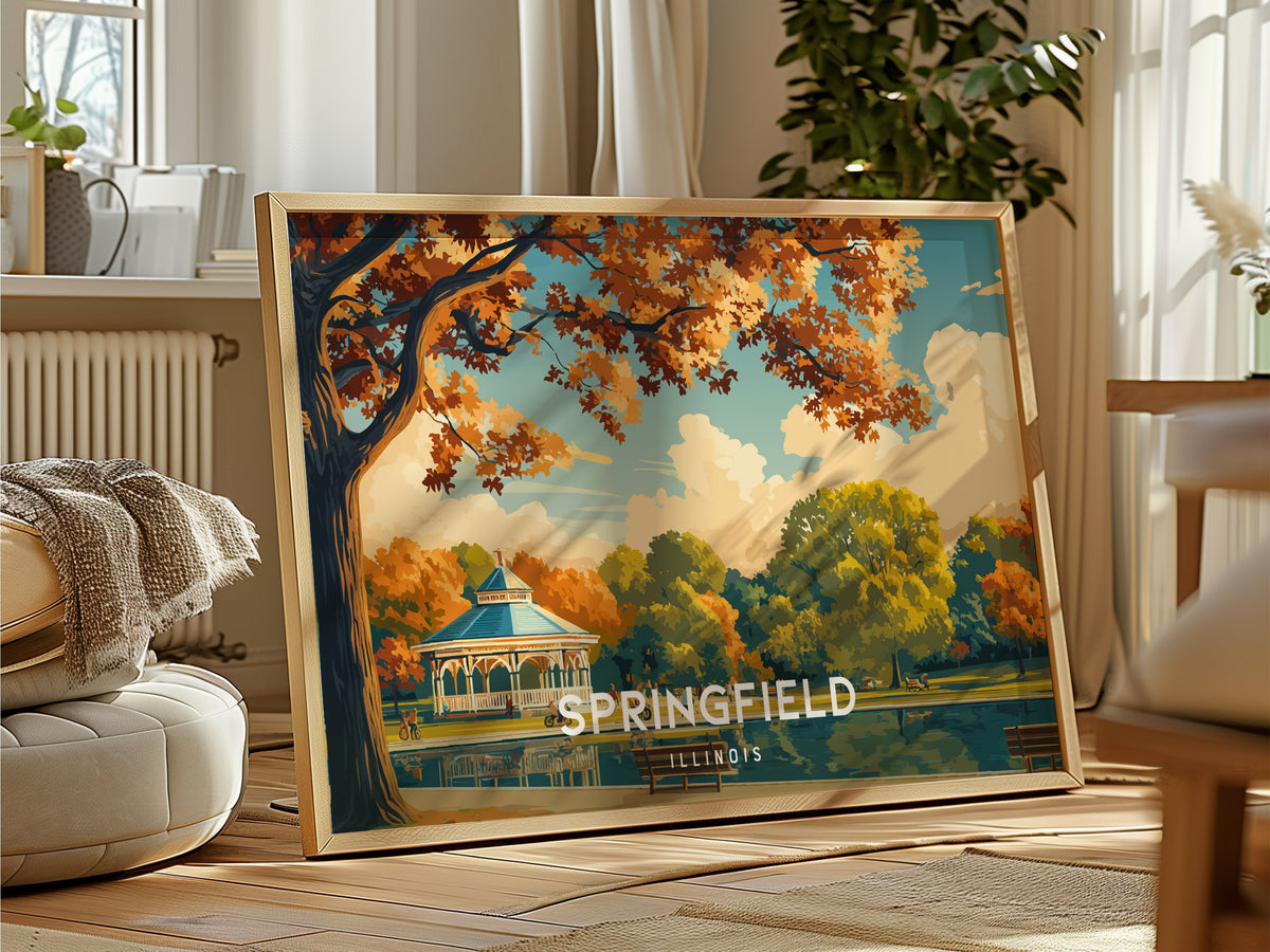 Springfield, Illinois Landscape Poster | Historic Route 66 Prairie Framed or Unframed Wall Art — framed and ready to hang