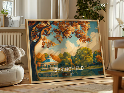 Springfield, Illinois Landscape Poster | Historic Route 66 Prairie Framed or Unframed Wall Art — framed and ready to hang