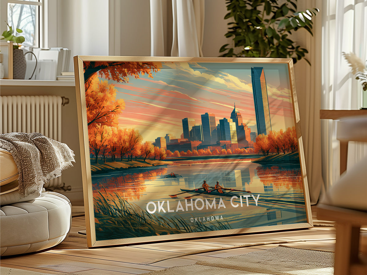 Oklahoma City, Oklahoma Landscape Poster | Vibrant Downtown Skyline Vacation Wall Art — framed and ready to hang