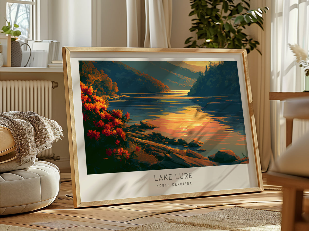 Lake Lure Landscape Matte Border Poster | North Carolina Travel Wall Art — framed and ready to hang