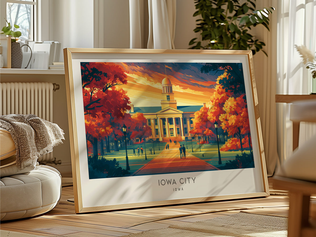 Iowa City Landscape Matte Border Poster | Iowa Framed or Unframed Travel Gift — framed and ready to hang