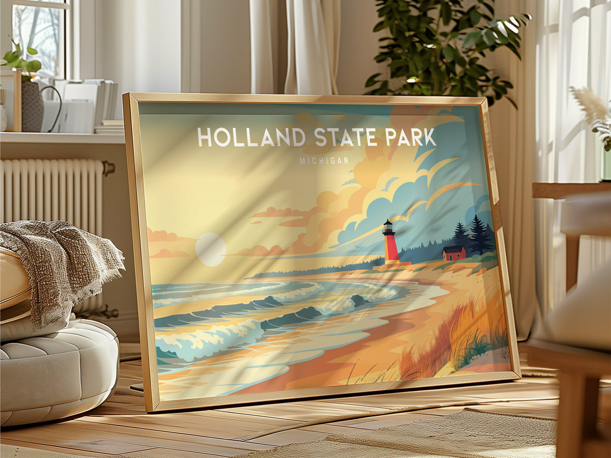 Holland State Park Landscape, Michigan Poster | Big Red Lighthouse Destination Print Wall Art — framed and ready to hang