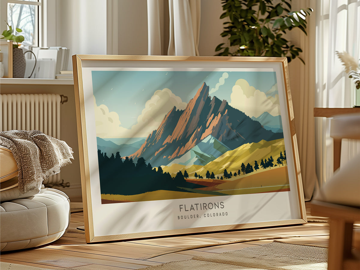 Flatirons Landscape Matte Border Poster | Boulder, Colorado Travel Wall Art — framed and ready to hang