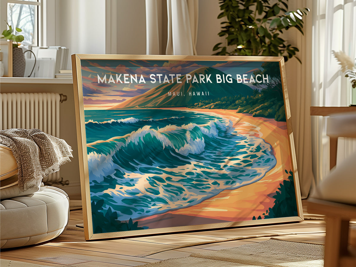 Makena State Park Big Beach Landscape Poster | Maui, Hawaii Vacation Wall Art — framed and ready to hang