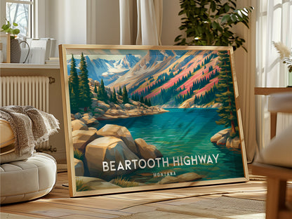 Beartooth Highway, Montana Landscape Poster | Mountain Road Vacation Wall Art — framed and ready to hang
