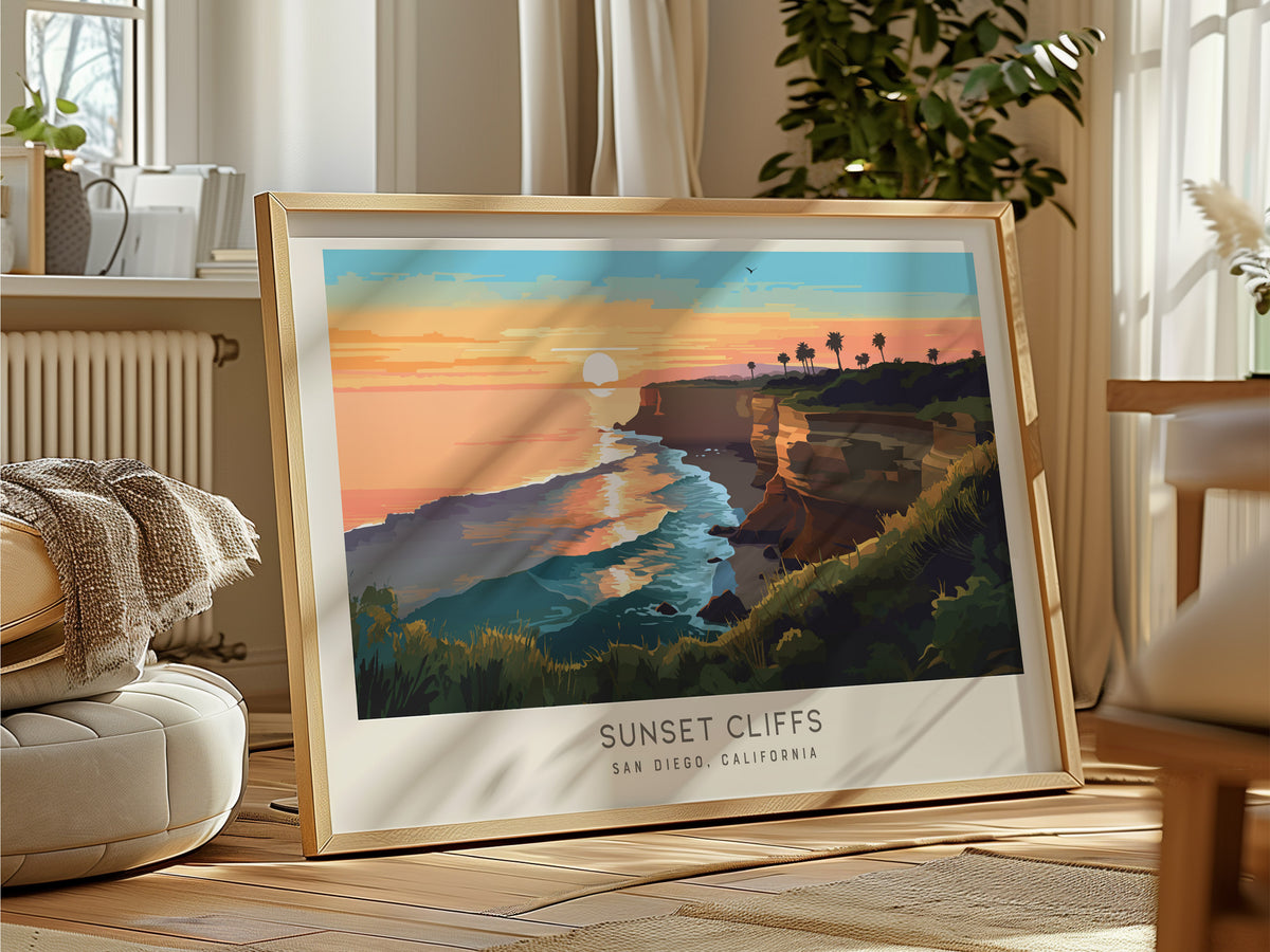 Sunset Cliffs Landscape Matte Border Poster | San Diego, California Travel Wall Art — framed and ready to hang