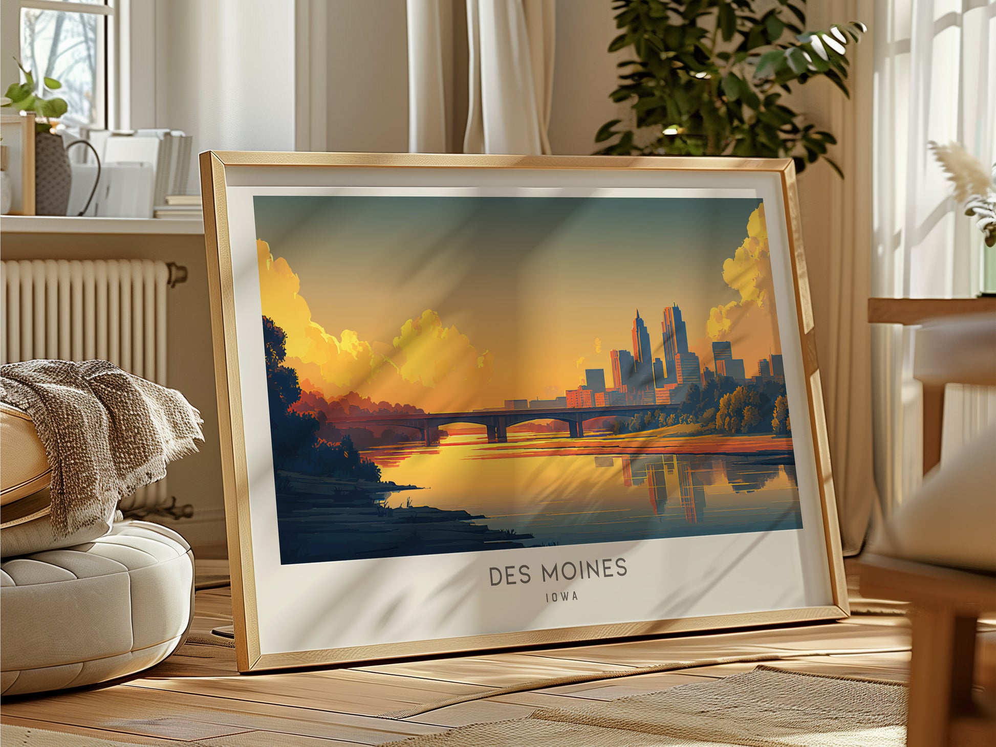 Des Moines Landscape Matte Border Poster | Iowa Travel Wall Art — framed and ready to hang