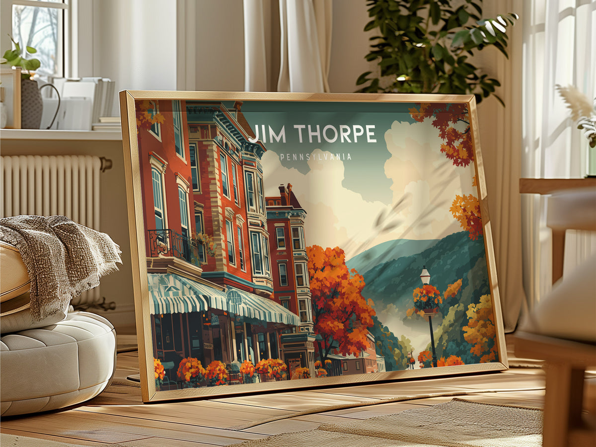Jim Thorpe, Pennsylvania Landscape Poster | Scenic River Valley Getaway Vacation Wall Art — framed and ready to hang