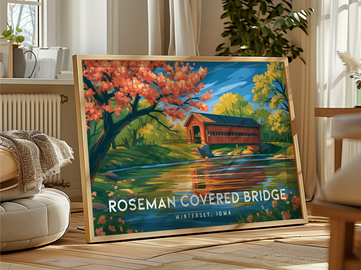 Roseman Covered Bridge Landscape Poster | Winterset, Iowa Travel Gift Wall Art — framed and ready to hang