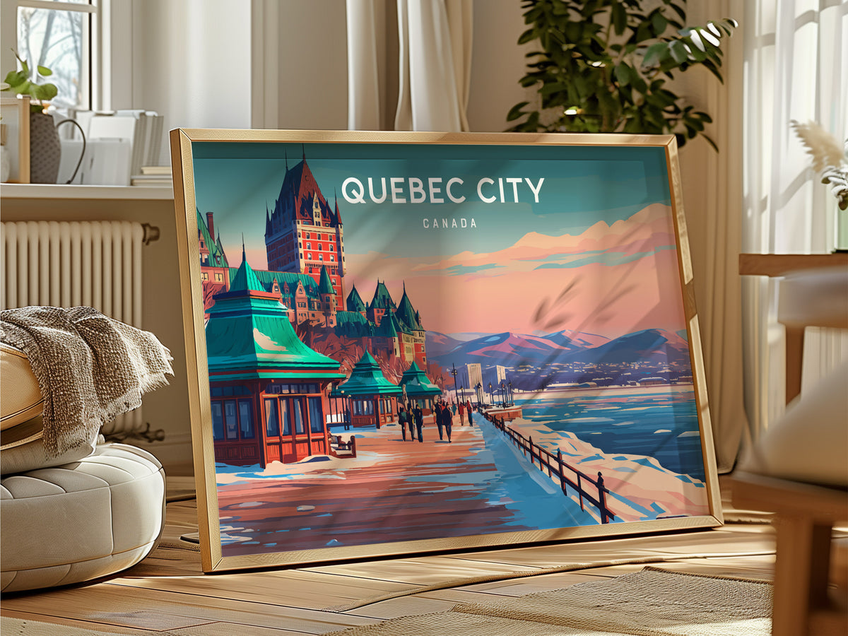 Quebec City, Canada Landscape Poster | Historic Skyline Vacation Wall Art — framed and ready to hang