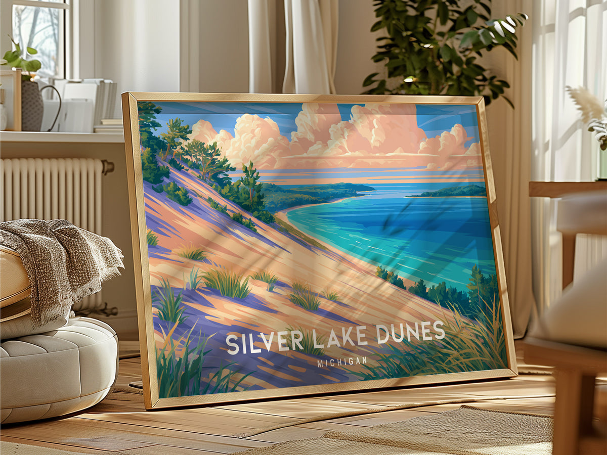 Silver Lake Dunes, Michigan Landscape Poster | Beach House Decor & Scenic Wall Art — framed and ready to hang