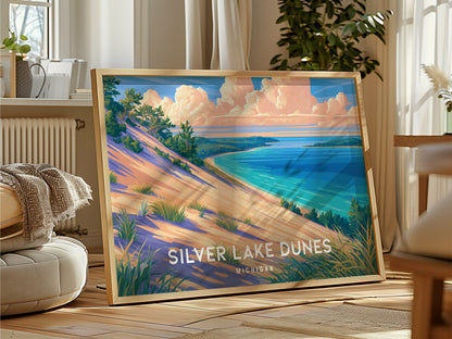 Silver Lake Dunes, Michigan Landscape Poster | Beach House Decor & Scenic Wall Art — framed and ready to hang