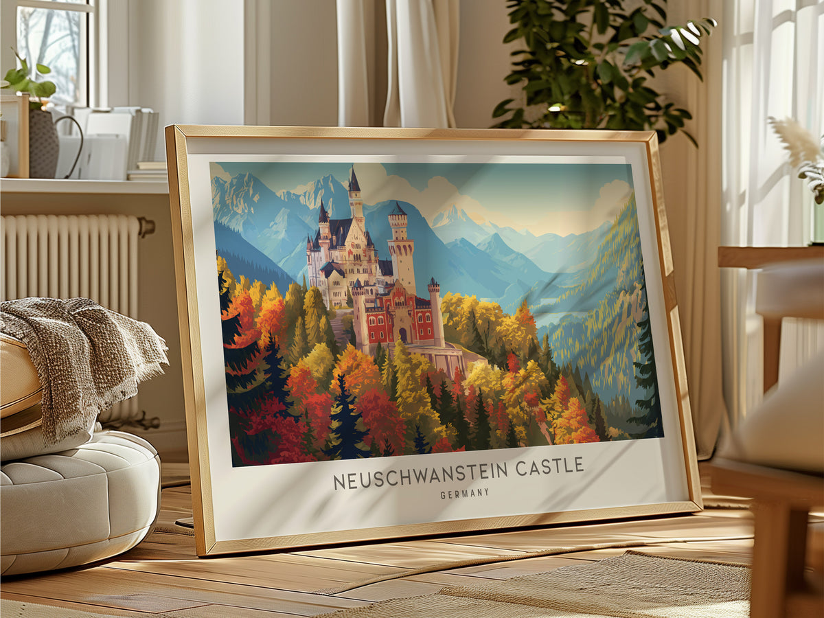 Neuschwanstein Castle Landscape Matte Border Poster | Germany Vacation Wall Art — framed and ready to hang