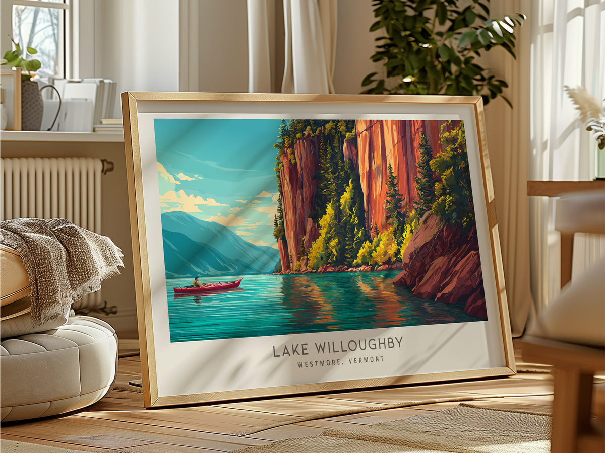 Lake Willoughby Landscape Matte Border Poster | Westmore, Vermont Vacation Wall Art — framed and ready to hang