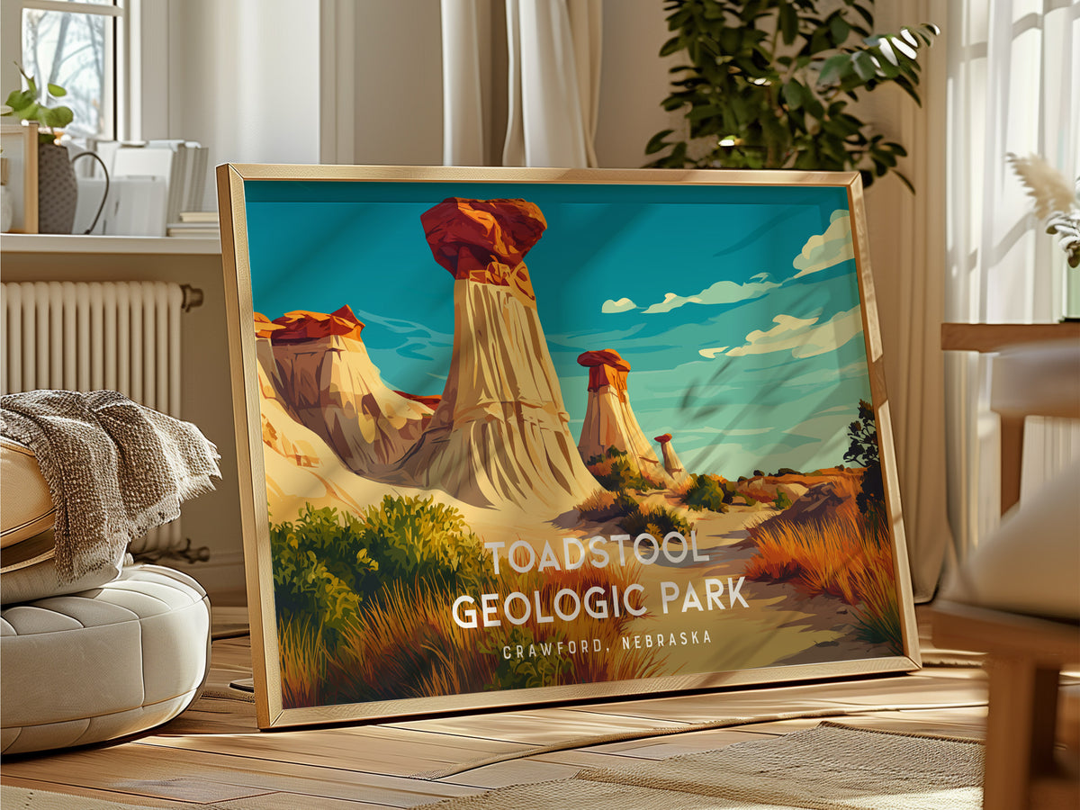 Toadstool Geologic Park Landscape Poster | Crawford, Nebraska Vacation Wall Art — framed and ready to hang