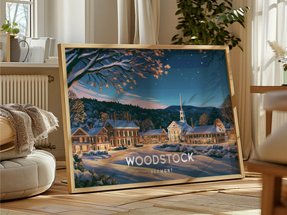 Woodstock, Vermont Landscape Poster | Charming Covered Bridge Travel Wall Art — framed and ready to hang