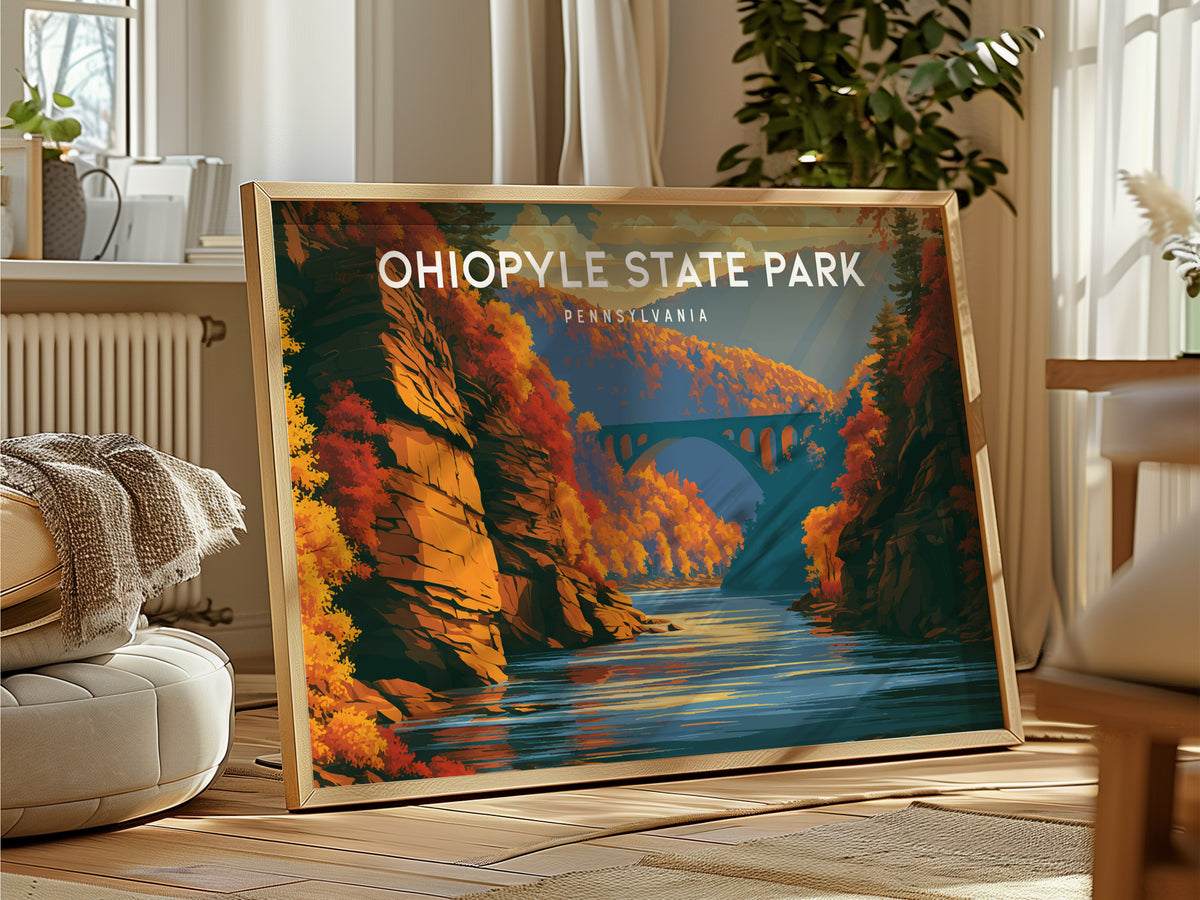 Ohiopyle State Park Landscape Poster | Pennsylvania Framed or Unframed Travel Gift Wall Art — framed and ready to hang