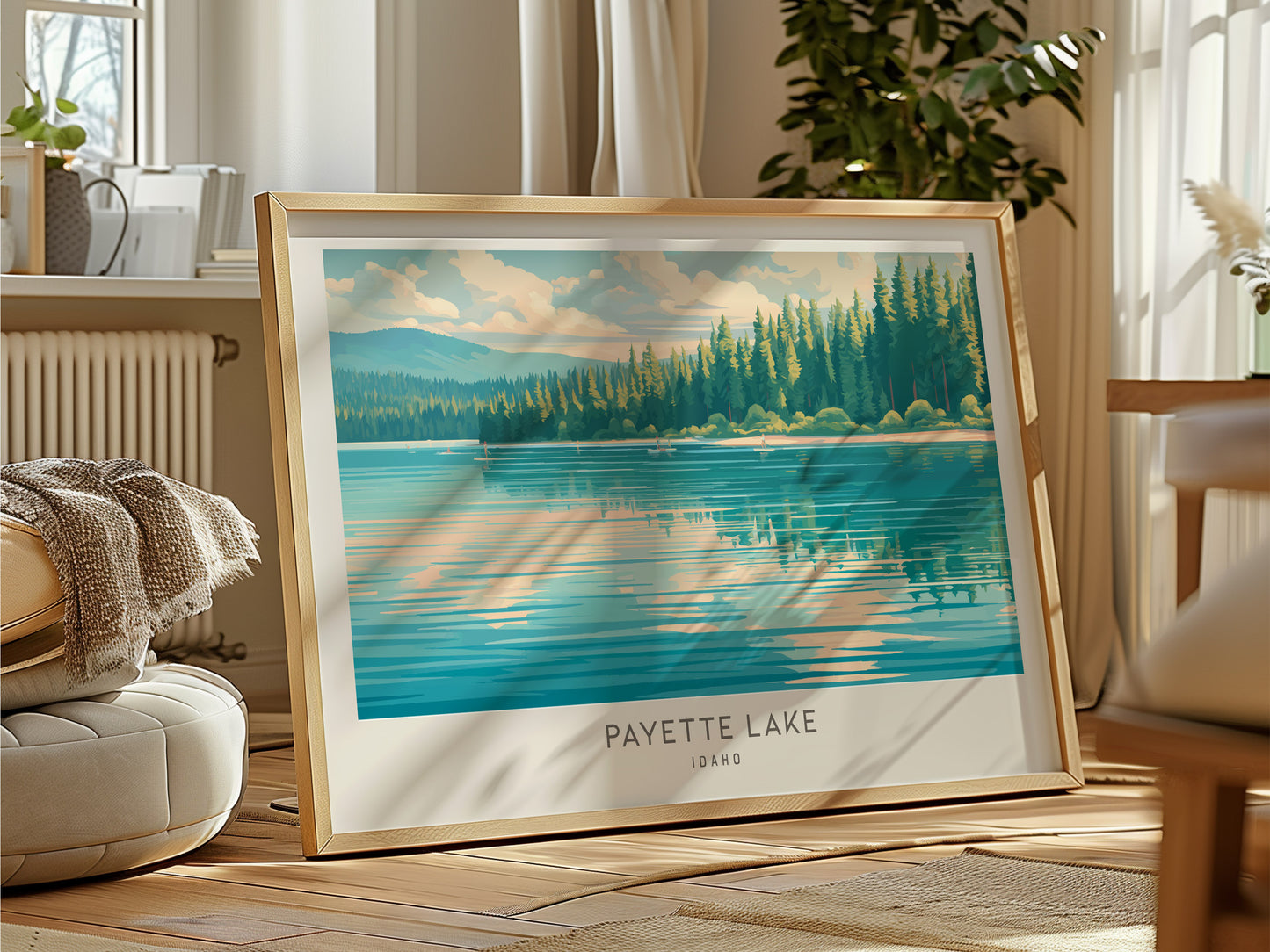 Payette Lake Landscape Matte Border Poster | Idaho Beach House Decor — framed and ready to hang