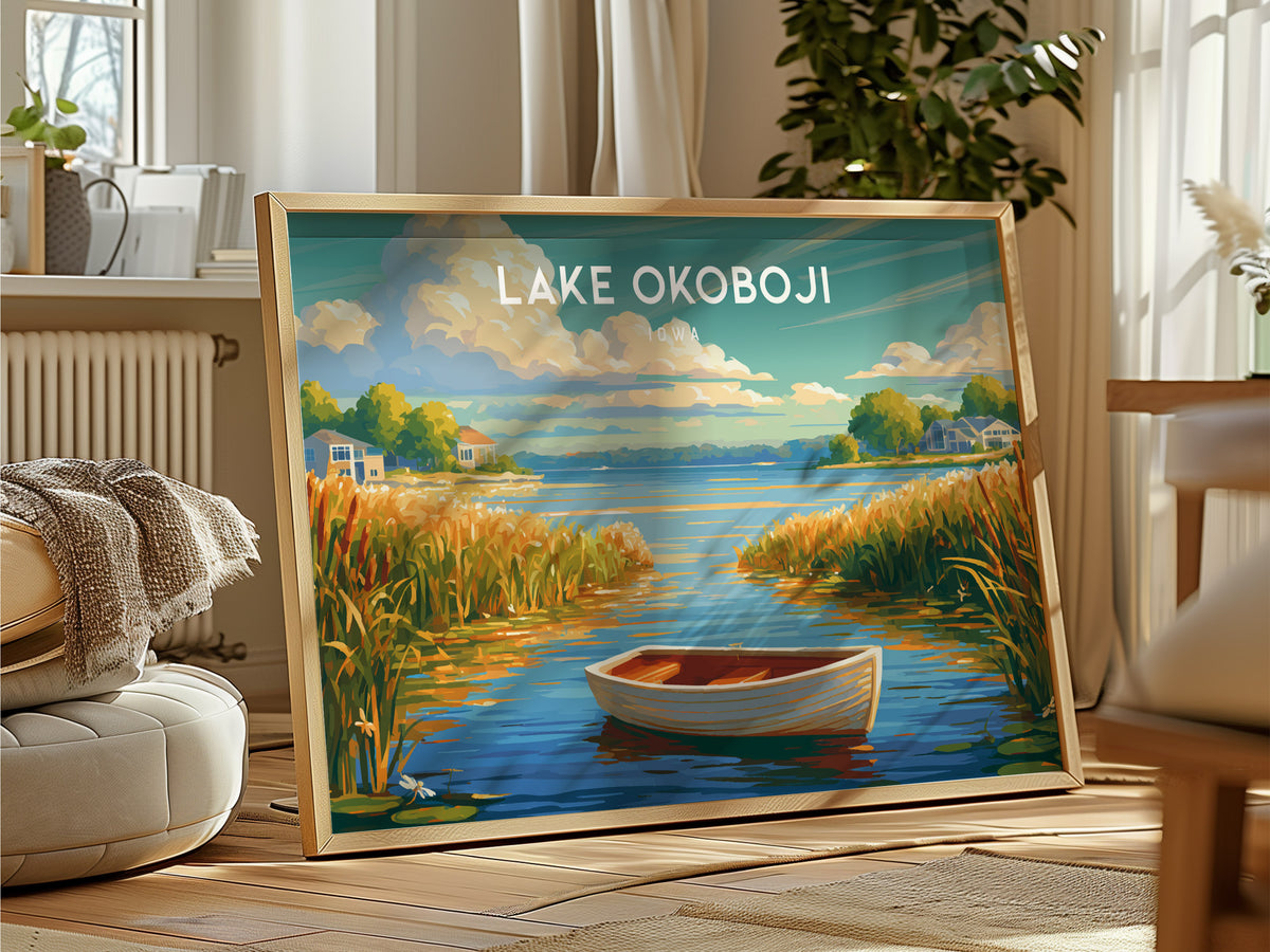 Lake Okoboji, Iowa Landscape Poster | Great Lakes Vacation Wall Art — framed and ready to hang