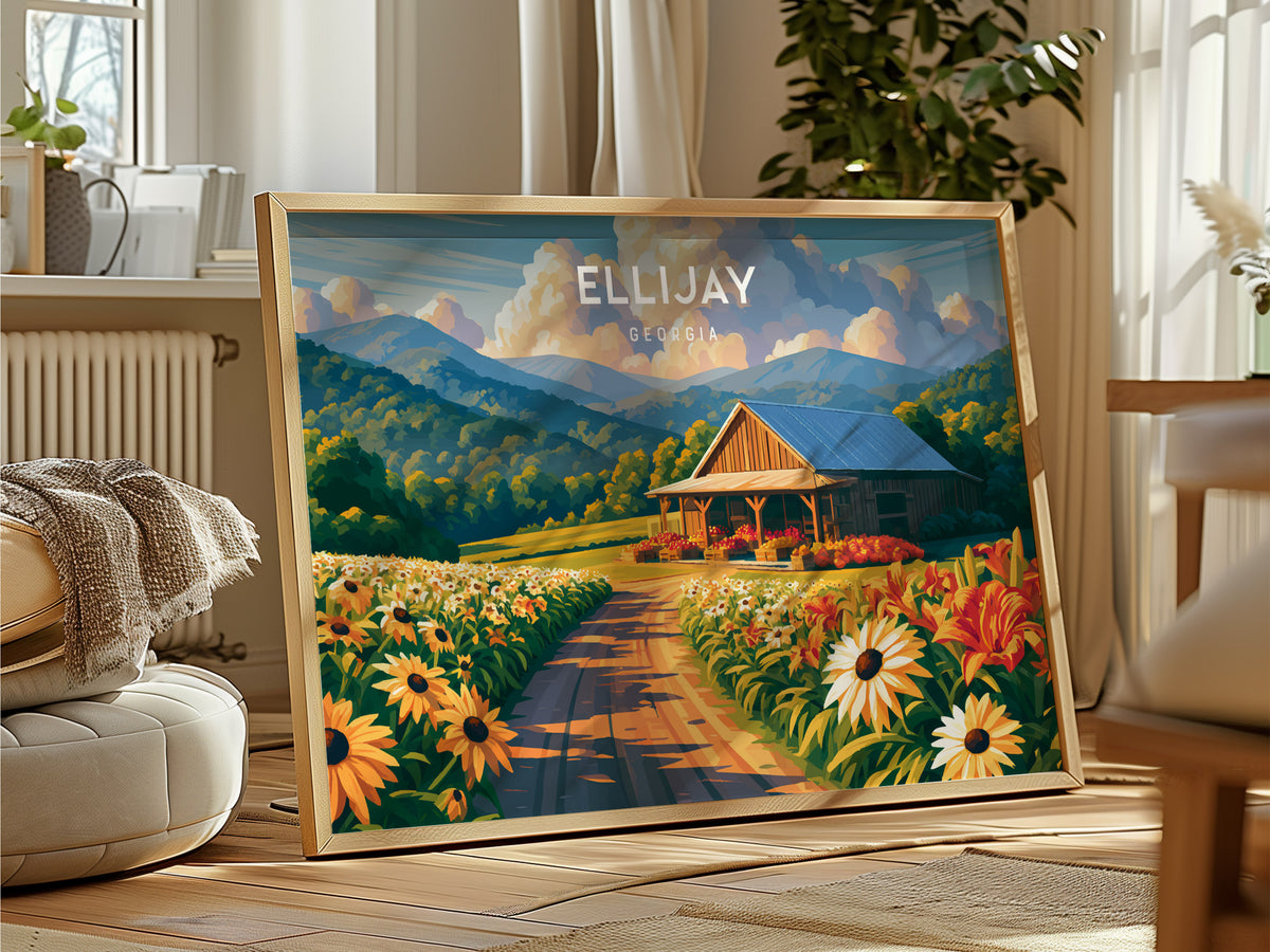 Ellijay Landscape Poster | Georgia Small Town Framed or Unframed Wall Art — framed and ready to hang
