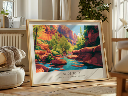 Slide Rock Landscape Matte Border Poster | Oak Creek Canyon, Arizona Travel Wall Art — framed and ready to hang