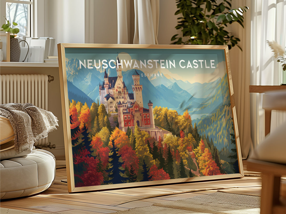 Neuschwanstein Castle Landscape Poster | Germany Travel Gift Alpine Wall Art — framed and ready to hang