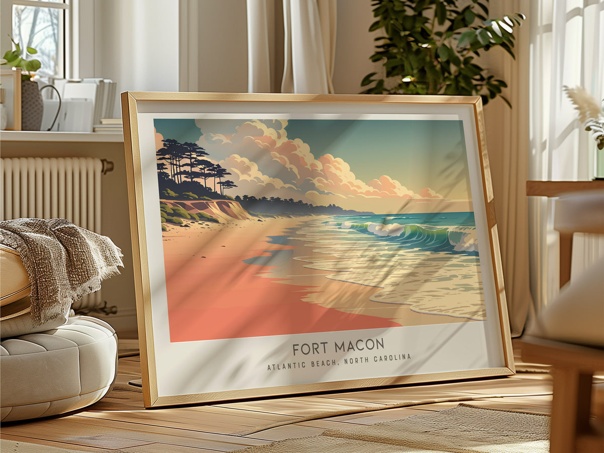 Fort Macon Landscape Matte Border Poster | Atlantic Beach, North Carolina Coastal Beach Decor — framed and ready to hang