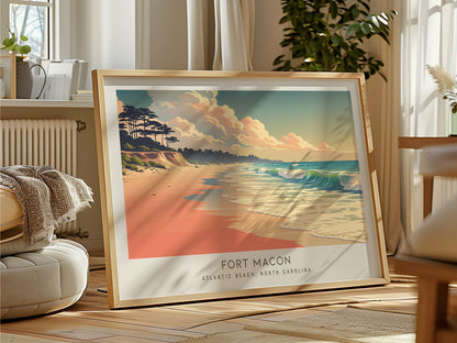 Fort Macon Landscape Matte Border Poster | Atlantic Beach, North Carolina Coastal Beach Decor — framed and ready to hang