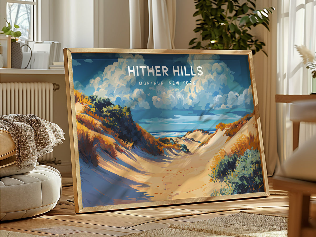 Hither Hills Landscape Poster | Montauk, New York Destination Print Beach House Decor — framed and ready to hang