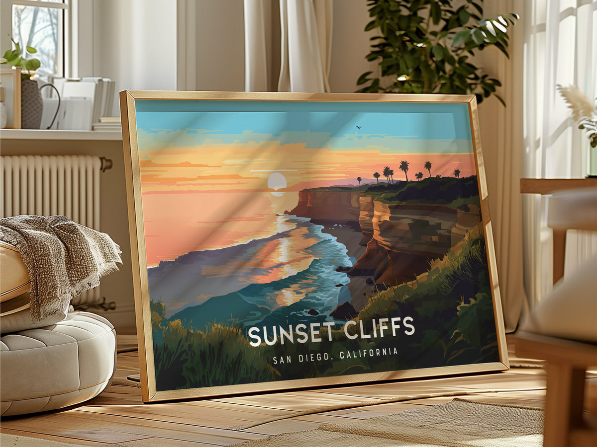 Sunset Cliffs, San Diego, California Landscape Poster | Coastal Beach Decor Wall Art — framed and ready to hang