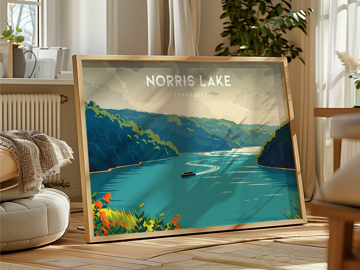 Norris Lake, Tennessee Landscape Poster | Lakeside Getaway Framed or Unframed Wall Art — framed and ready to hang