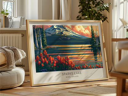 Sparks Lake Landscape Matte Border Poster | Bend, Oregon Travel Gift Wall Art — framed and ready to hang