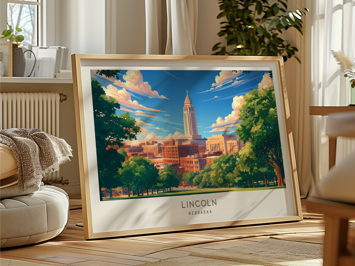 Lincoln Landscape Matte Border Poster | Nebraska Travel Wall Art — framed and ready to hang