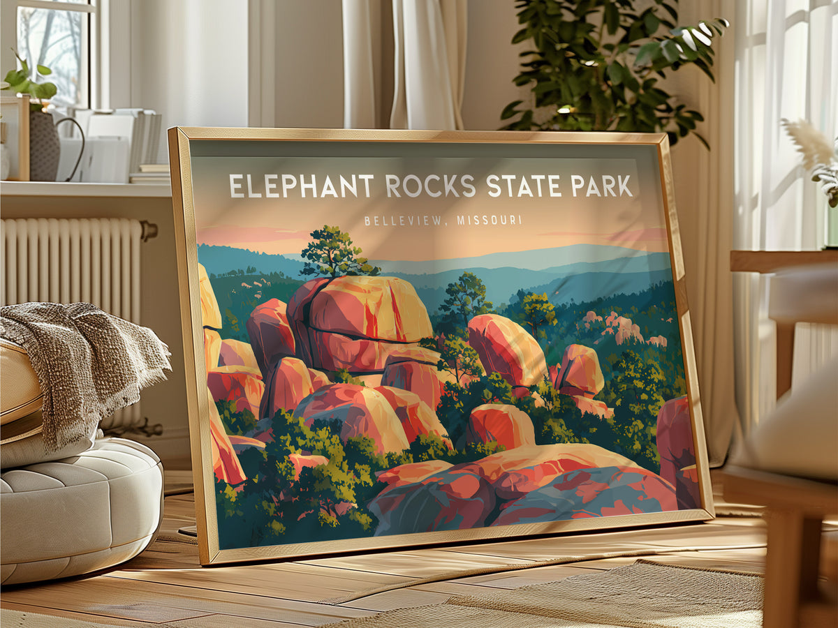 Elephant Rocks State Park Landscape Poster | Belleview, Missouri Framed or Unframed Travel Gift — framed and ready to hang