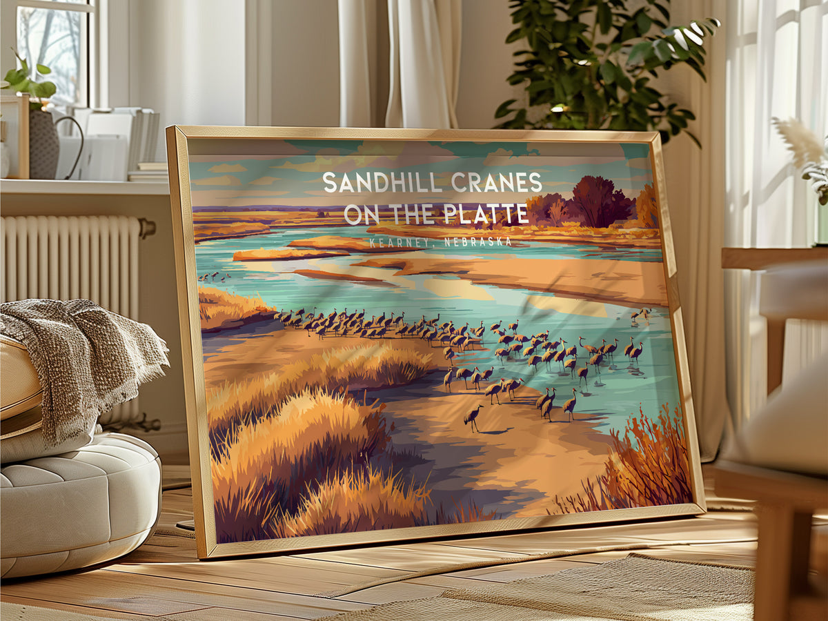 Sandhill Cranes on the Platte Landscape Poster | Kearney, Nebraska Vacation Wall Art — framed and ready to hang