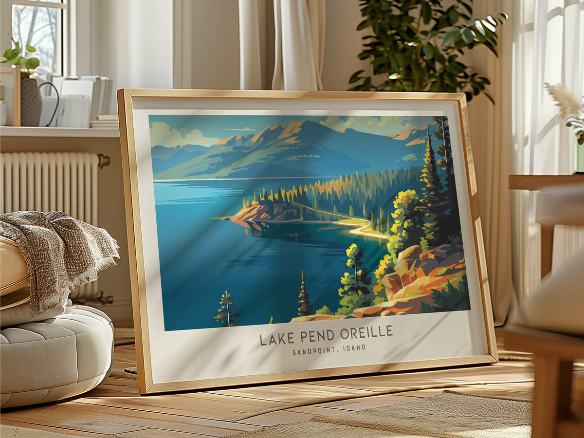 Lake Pend Oreille Landscape Matte Border Poster | Sandpoint, Idaho Framed or Unframed Travel Gift — framed and ready to hang