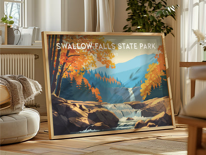 Swallow Falls State Park, Maryland Landscape Poster | Woodland Waterfall Vacation Wall Art — framed and ready to hang