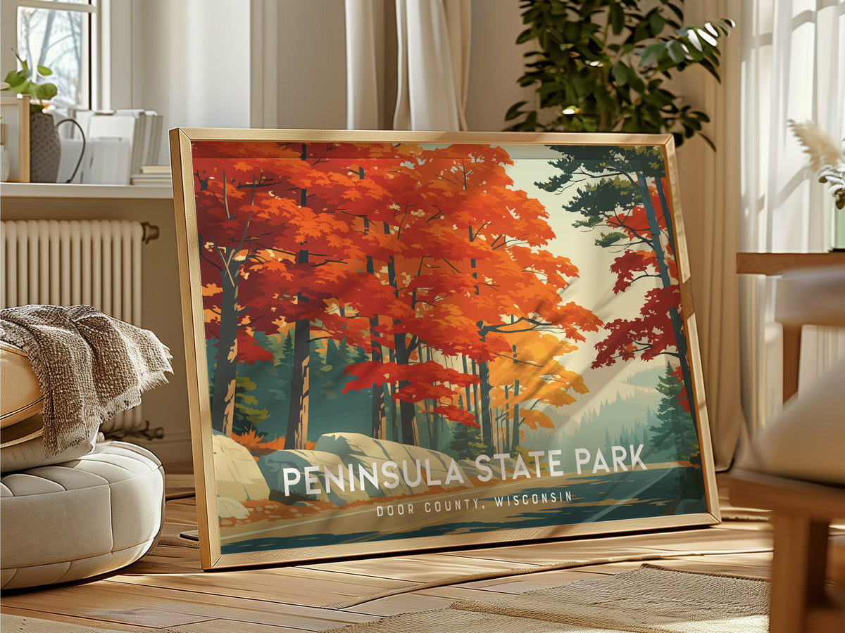 Peninsula State Park Landscape Poster | Door County, Wisconsin Bluffs & Shoreline Framed or Unframed — framed and ready to ha