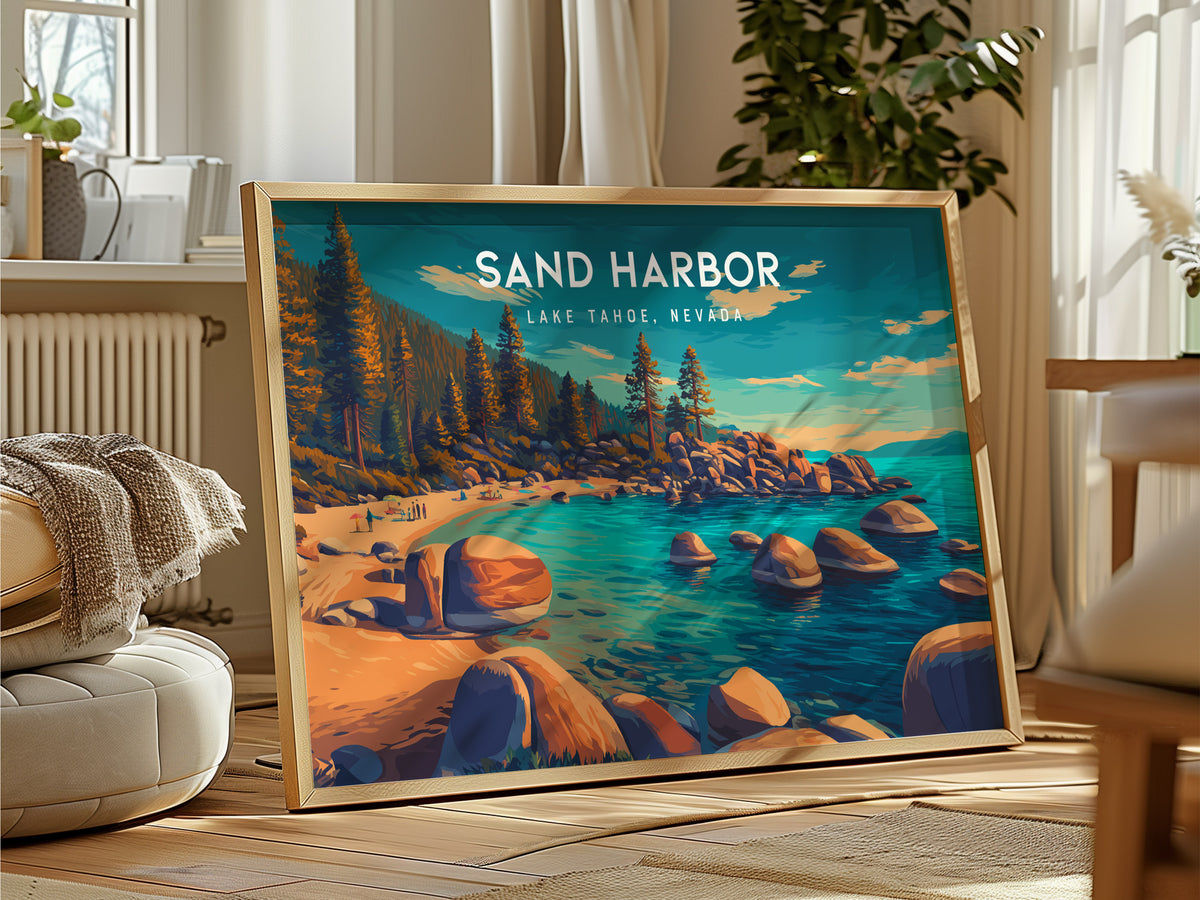 Sand Harbor Landscape Poster | Lake Tahoe, Nevada Travel Gift Destination Print — framed and ready to hang