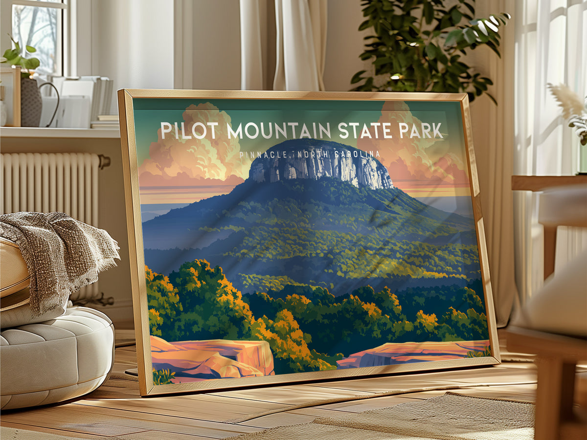 Pilot Mountain State Park Landscape Poster | Pinnacle, North Carolina Vacation Wall Art — framed and ready to hang
