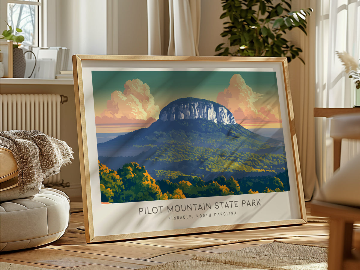 Pilot Mountain State Park Landscape Matte Border Poster | Pinnacle, North Carolina Travel Gift — framed and ready to hang